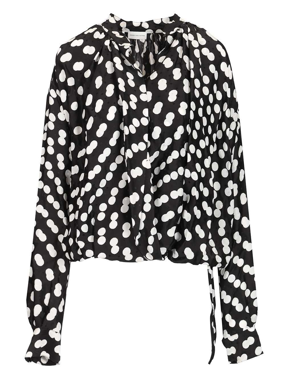 Dries Van Noten Draped Blouse In Polka Dot Jacquard Satin - Black