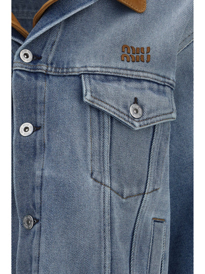 Miu Miu Washed denim and suede Jacket - Light Blue