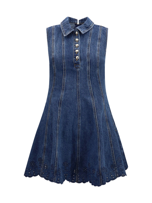 SELF-PORTRAIT Denim mini Dress with broderie detailing