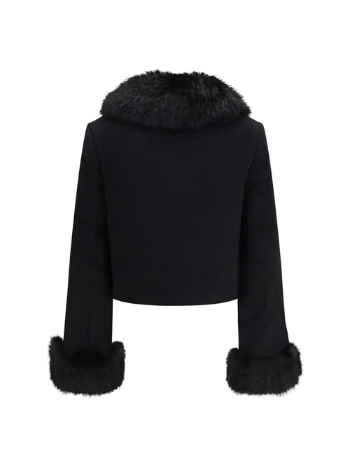 Self-Portrait Wool-blend Jacket with faux fur cuffs - Black