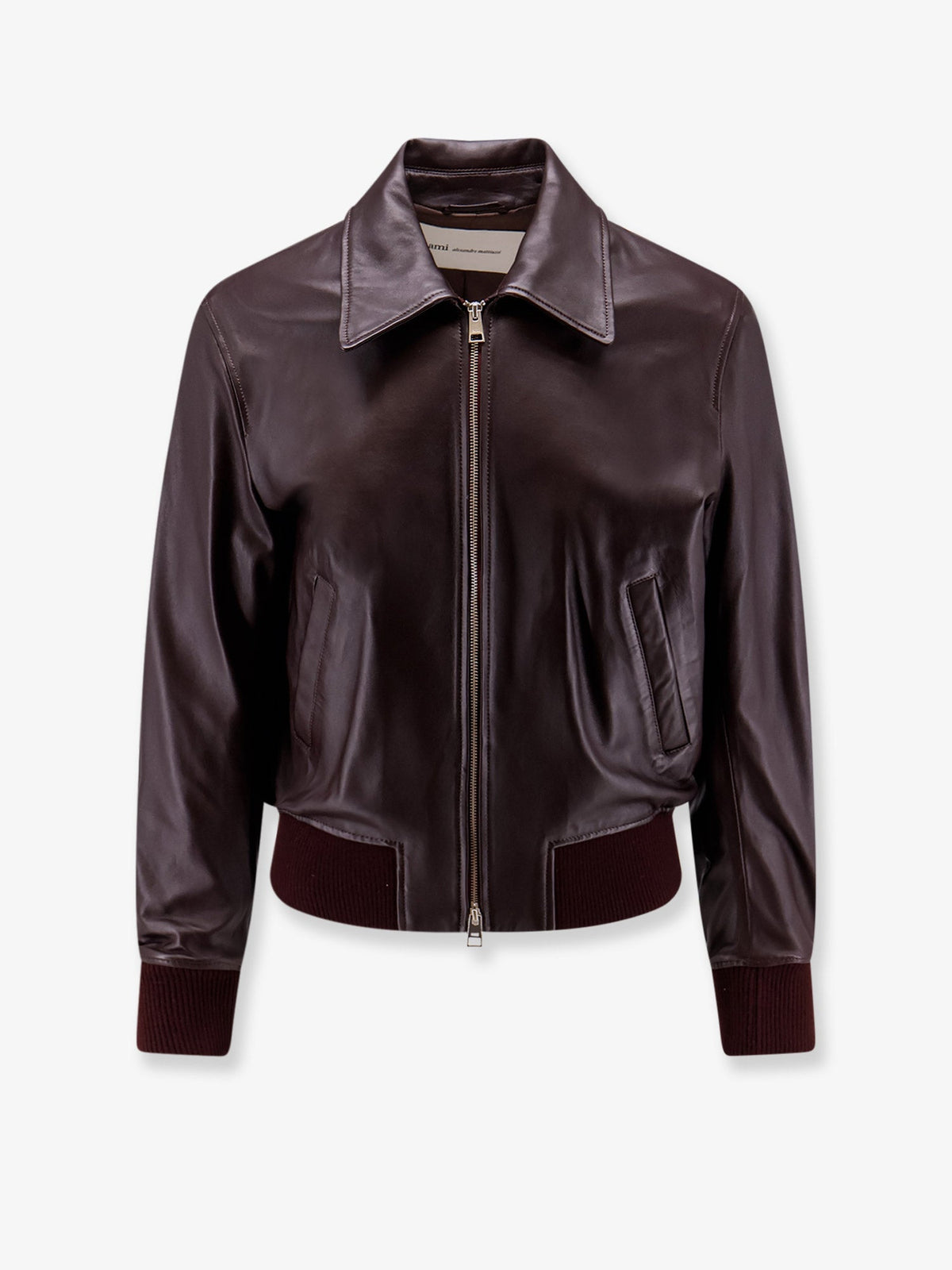 Ami Paris Bordeaux leather jacket with zip - Cerisefoncee