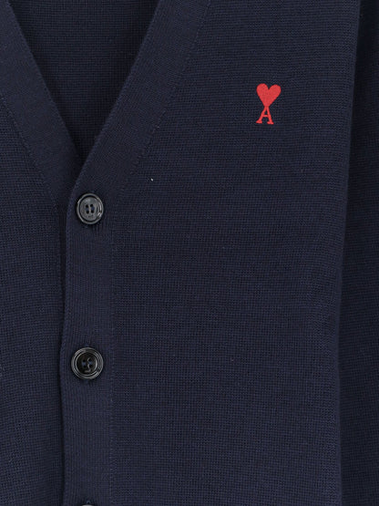 Ami Paris Wool cardigan with iconic embroidery - Marine/Rouge