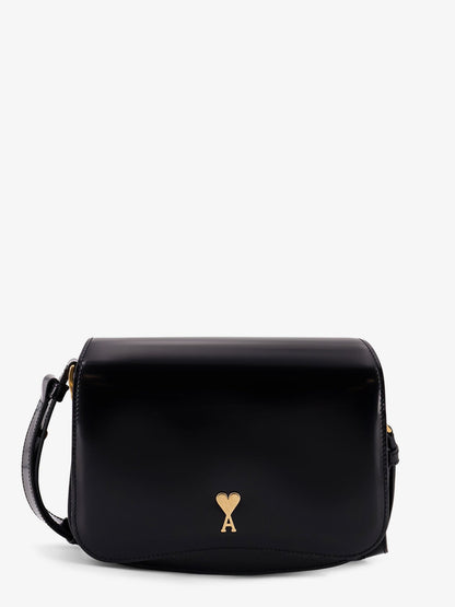 Ami Paris Leather shoulder bag with metal logo on the front - Noir
