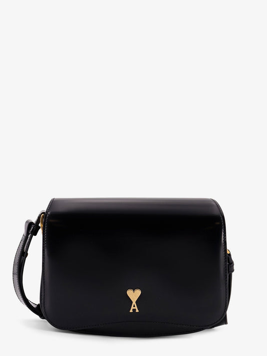 Ami Paris Leather shoulder bag with metal logo on the front - Noir