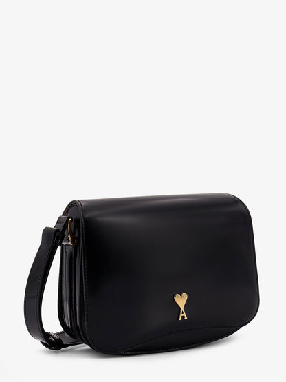Ami Paris Leather shoulder bag with metal logo on the front - Noir