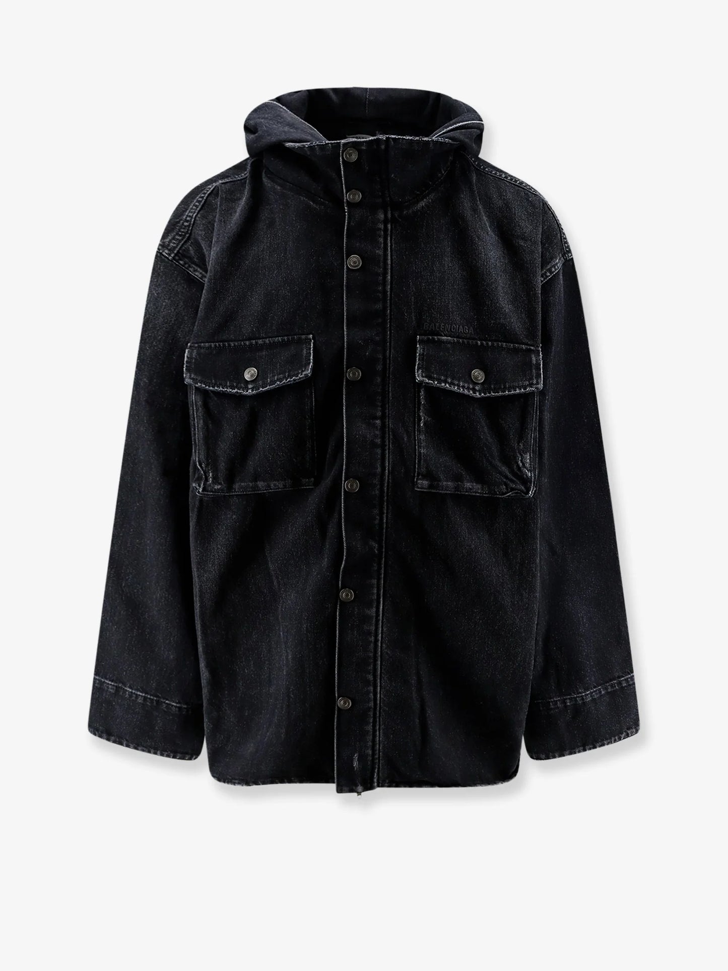 BALENCIAGA - Black denim jacket with embroidered logo on the front