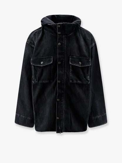 BALENCIAGA - Black denim jacket with embroidered logo on the front