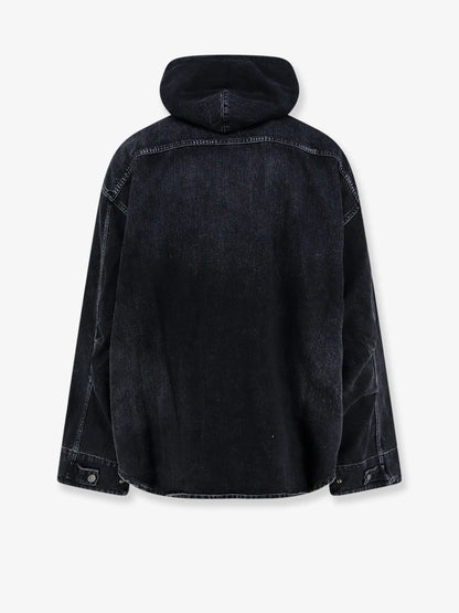 BALENCIAGA - Black denim jacket with embroidered logo on the front
