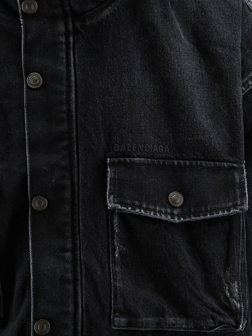 Balenciaga Black denim jacket with embroidered logo on the front