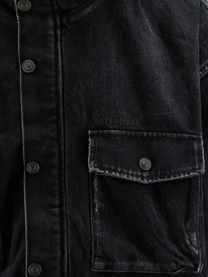 BALENCIAGA - Black denim jacket with embroidered logo on the front