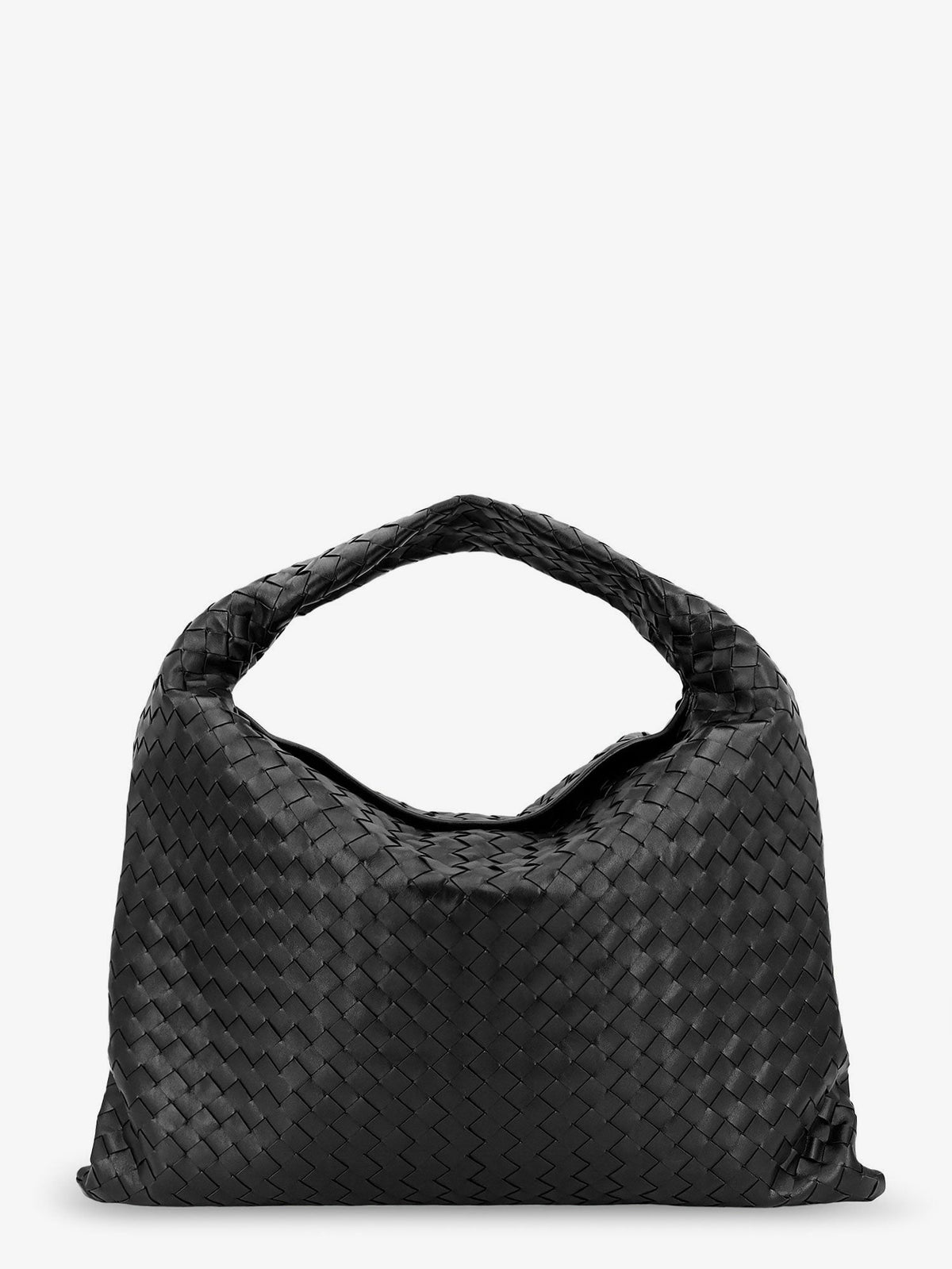 Bottega Veneta Hop Hobo Leather Shoulder Bag with Intreccio Pattern - Black