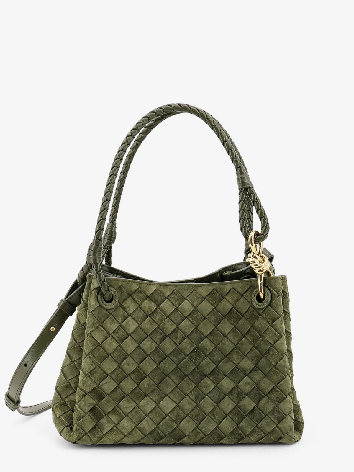 Bottega Veneta Parachute suede shoulder bag with Intrecciato motif - Green Tweed-M Brass