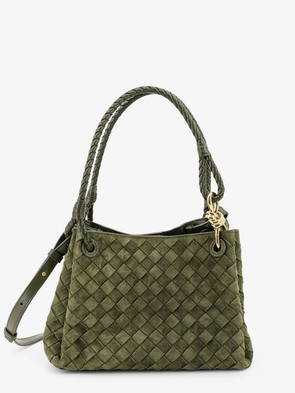 Bottega Veneta Parachute suede shoulder bag with Intrecciato motif - Green Tweed-M Brass