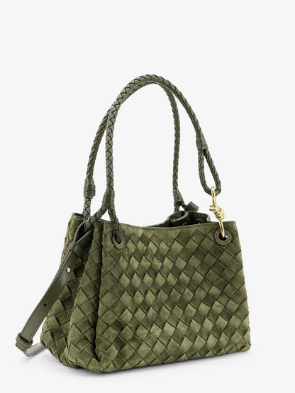 Bottega Veneta Parachute suede shoulder bag with Intrecciato motif - Green Tweed-M Brass