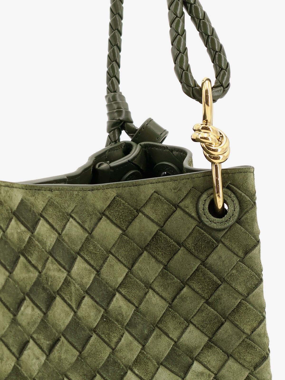 Bottega Veneta Parachute suede shoulder bag with Intrecciato motif - Green Tweed-M Brass