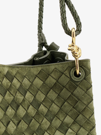 Bottega Veneta Parachute suede shoulder bag with Intrecciato motif - Green Tweed-M Brass