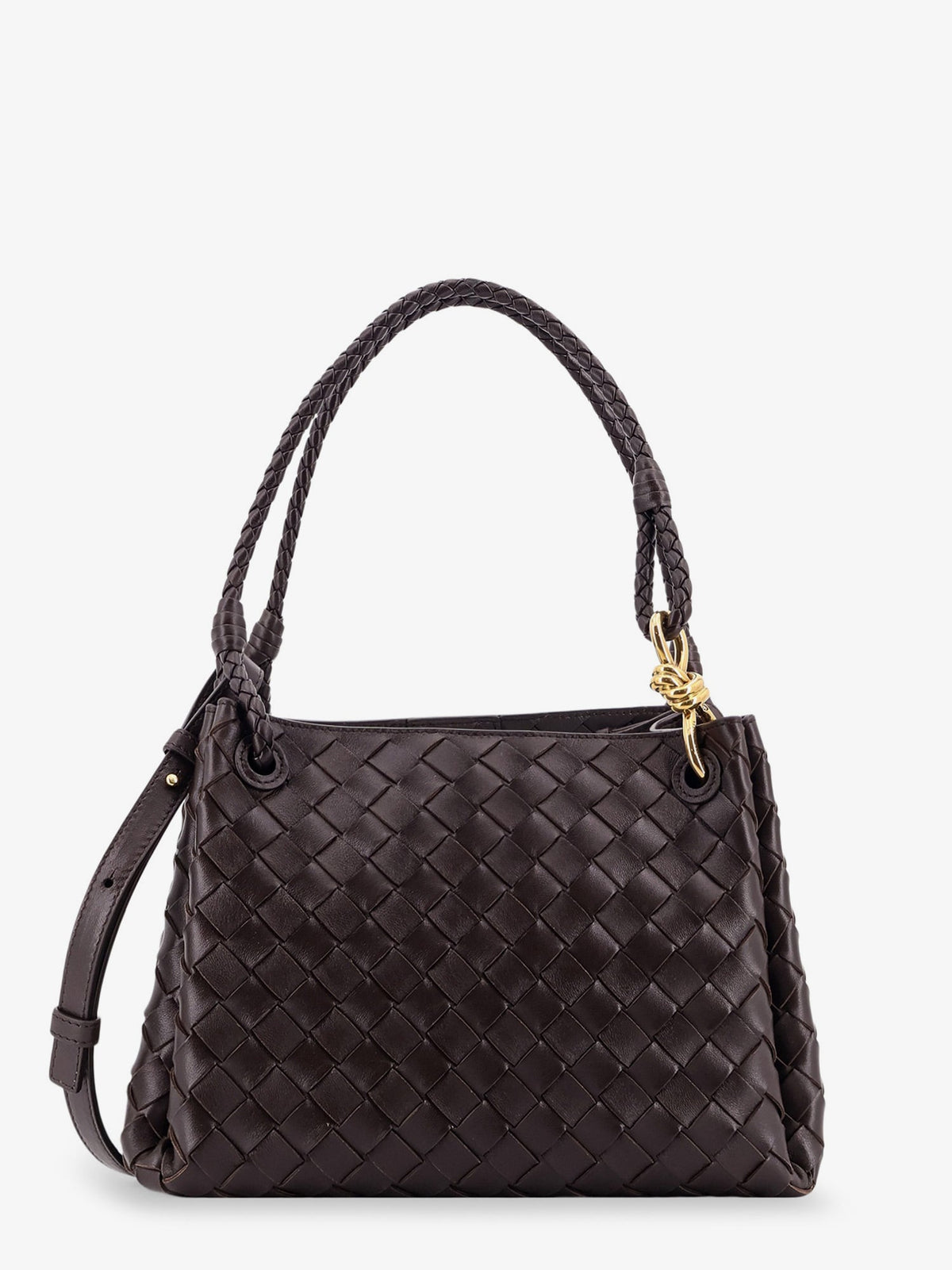 Bottega Veneta Parachute leather shoulder bag with Intrecciato pattern and Knot detail - Fondant-M Brass