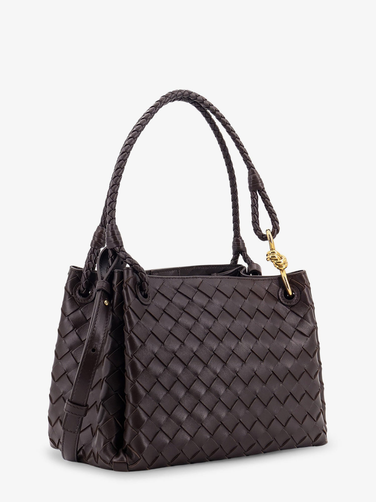Bottega Veneta Parachute leather shoulder bag with Intrecciato pattern and Knot detail - Fondant-M Brass