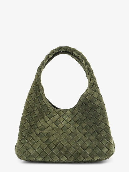 Bottega Veneta Campana Intrecciato suede shoulder bag - Green Tweed-M Brass