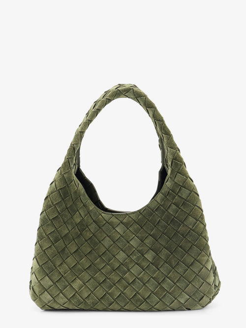 Bottega Veneta Campana Intrecciato suede shoulder bag - Green Tweed-M Brass