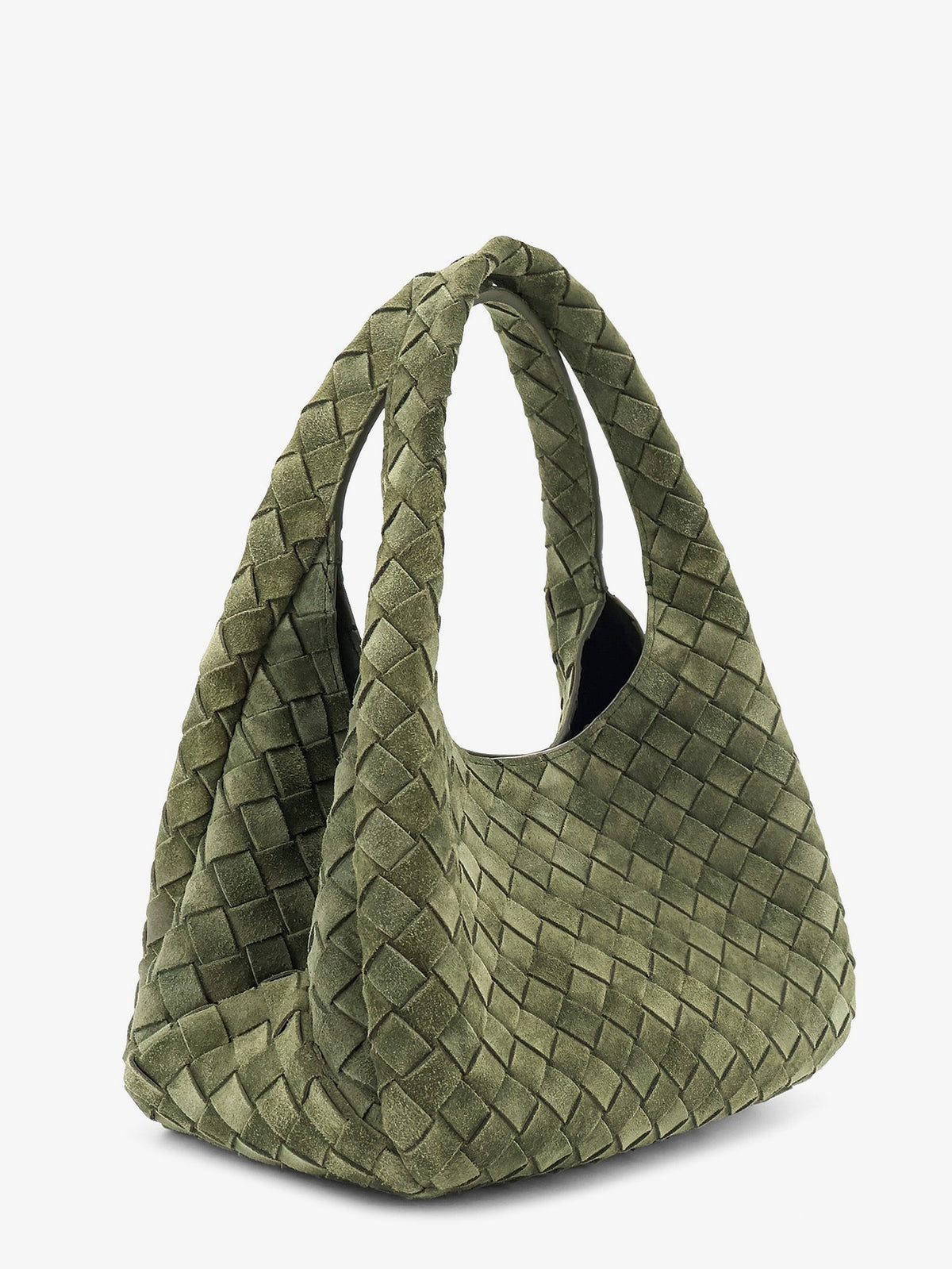 Bottega Veneta Campana Intrecciato suede shoulder bag - Green Tweed-M Brass