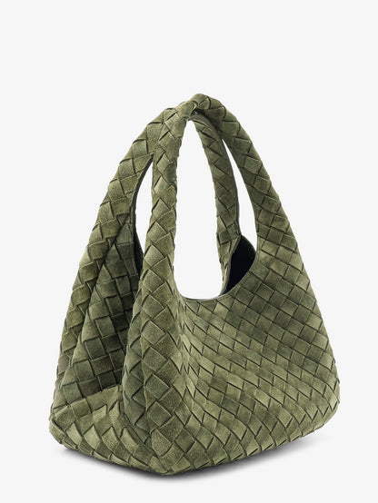 Bottega Veneta Campana Intrecciato suede shoulder bag - Green Tweed-M Brass