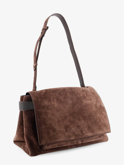 Brunello Cucinelli Suede crossbody bag with Monili details - Espresso