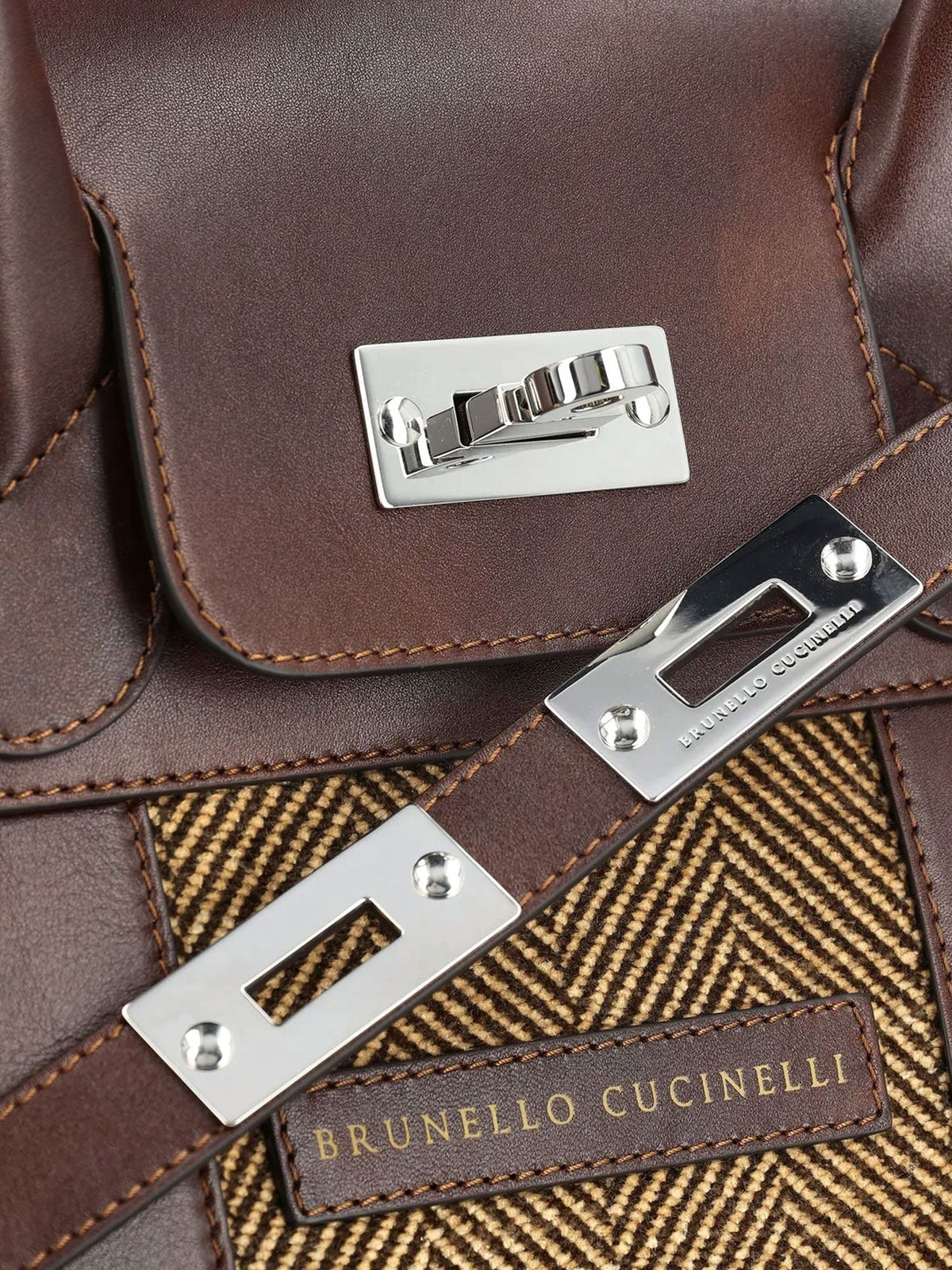 Brunello Cucinelli Country leather bag with chevron pattern - Brown