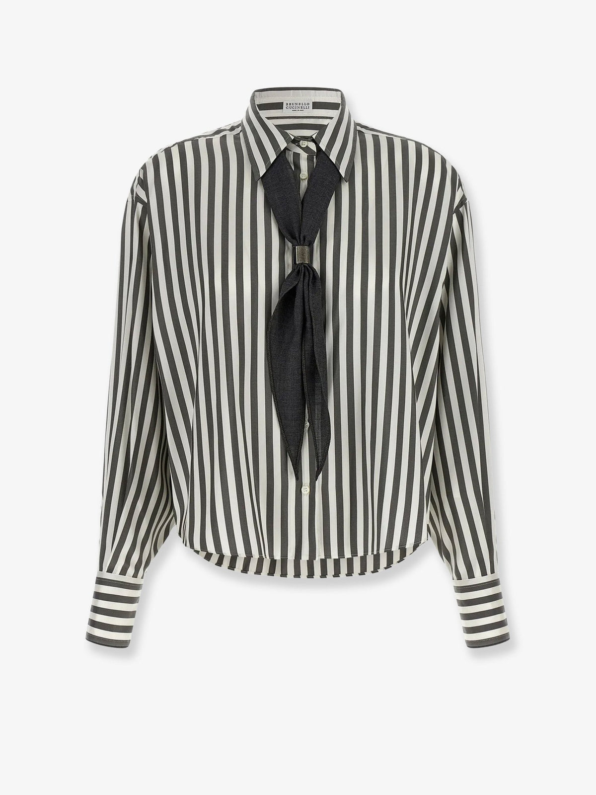 Brunello Cucinelli Striped silk shirt with foulard - Mimeticobianco