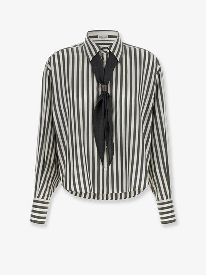 Brunello Cucinelli Striped silk shirt with foulard - Mimeticobianco