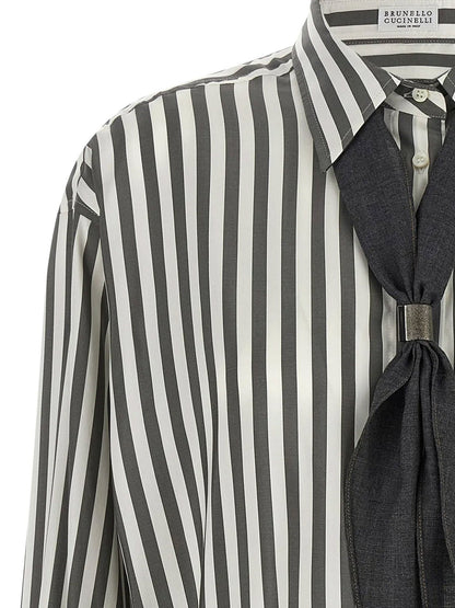 Brunello Cucinelli Striped silk shirt with foulard - Mimeticobianco