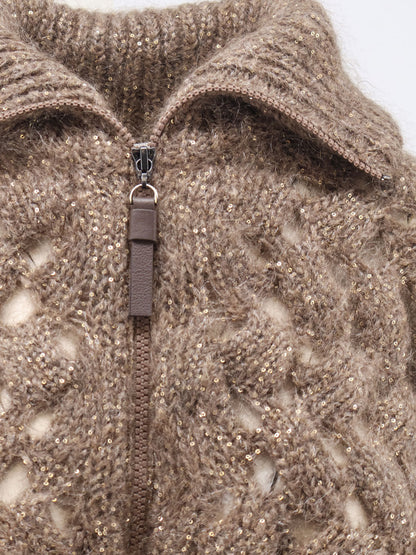 Brunello Cucinelli Perforated cardigan with micro-sequins - Brown