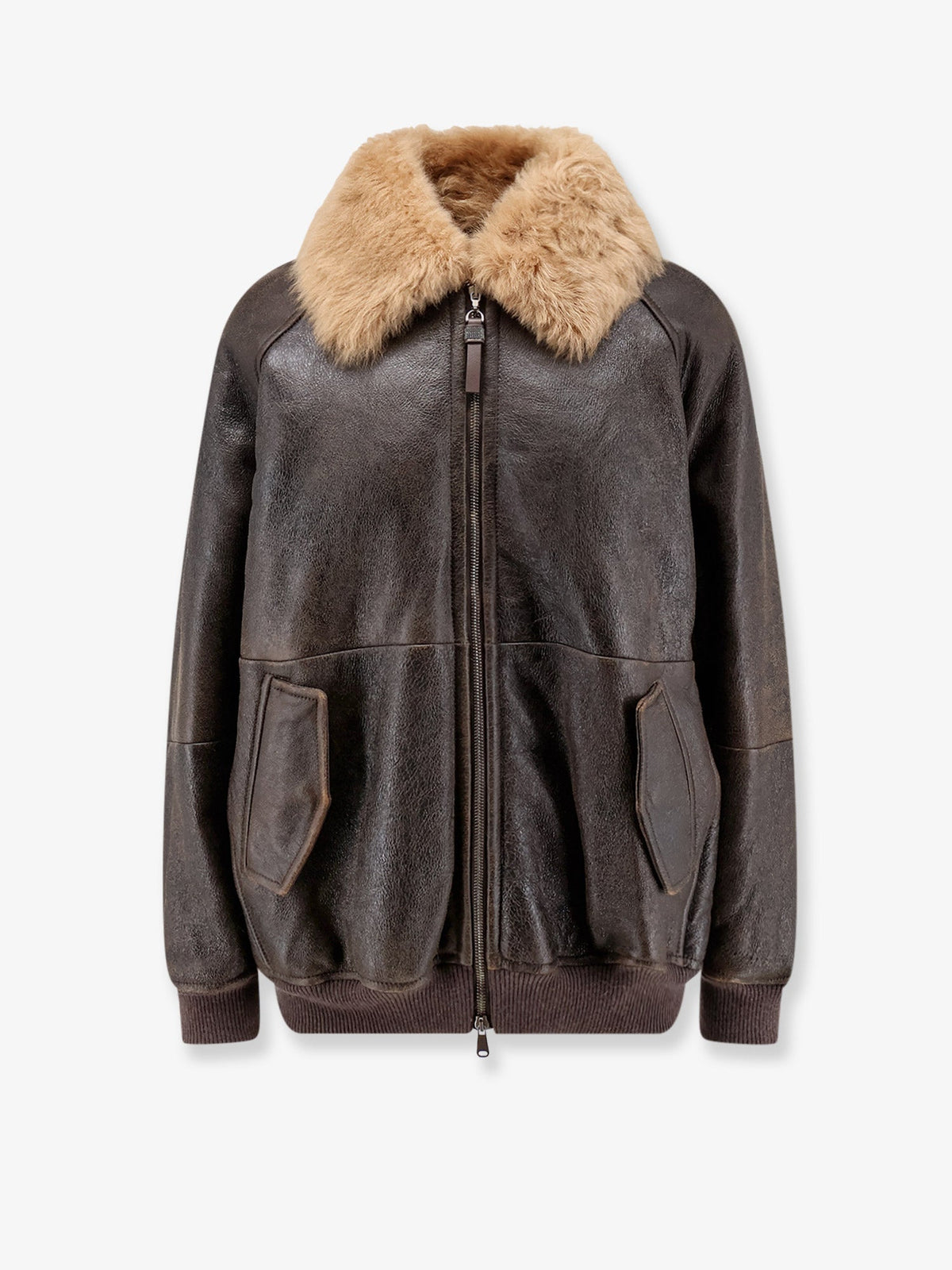 Brunello Cucinelli Leather jacket with shearling collar - Nocciola