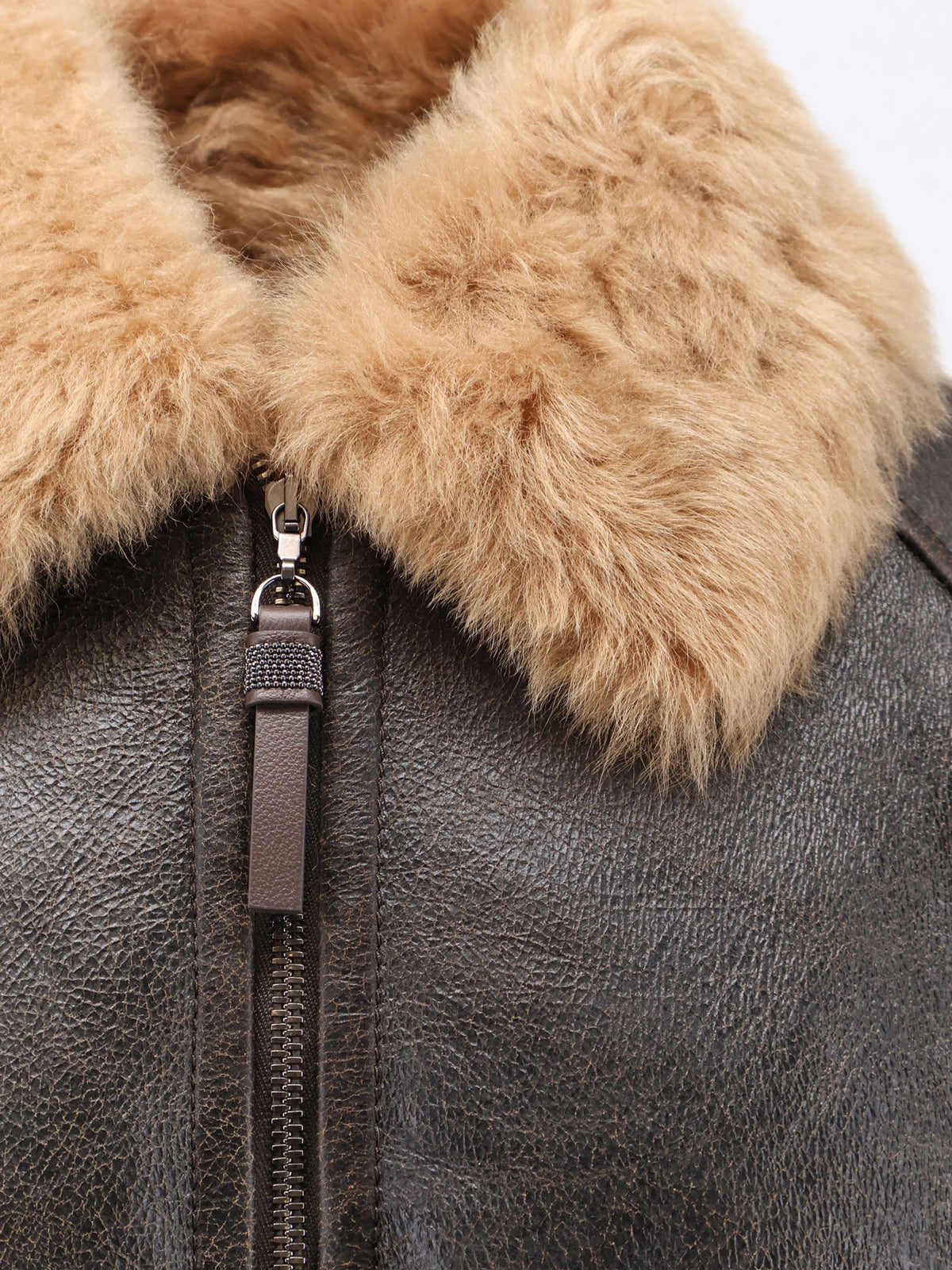 Brunello Cucinelli Leather jacket with shearling collar - Nocciola