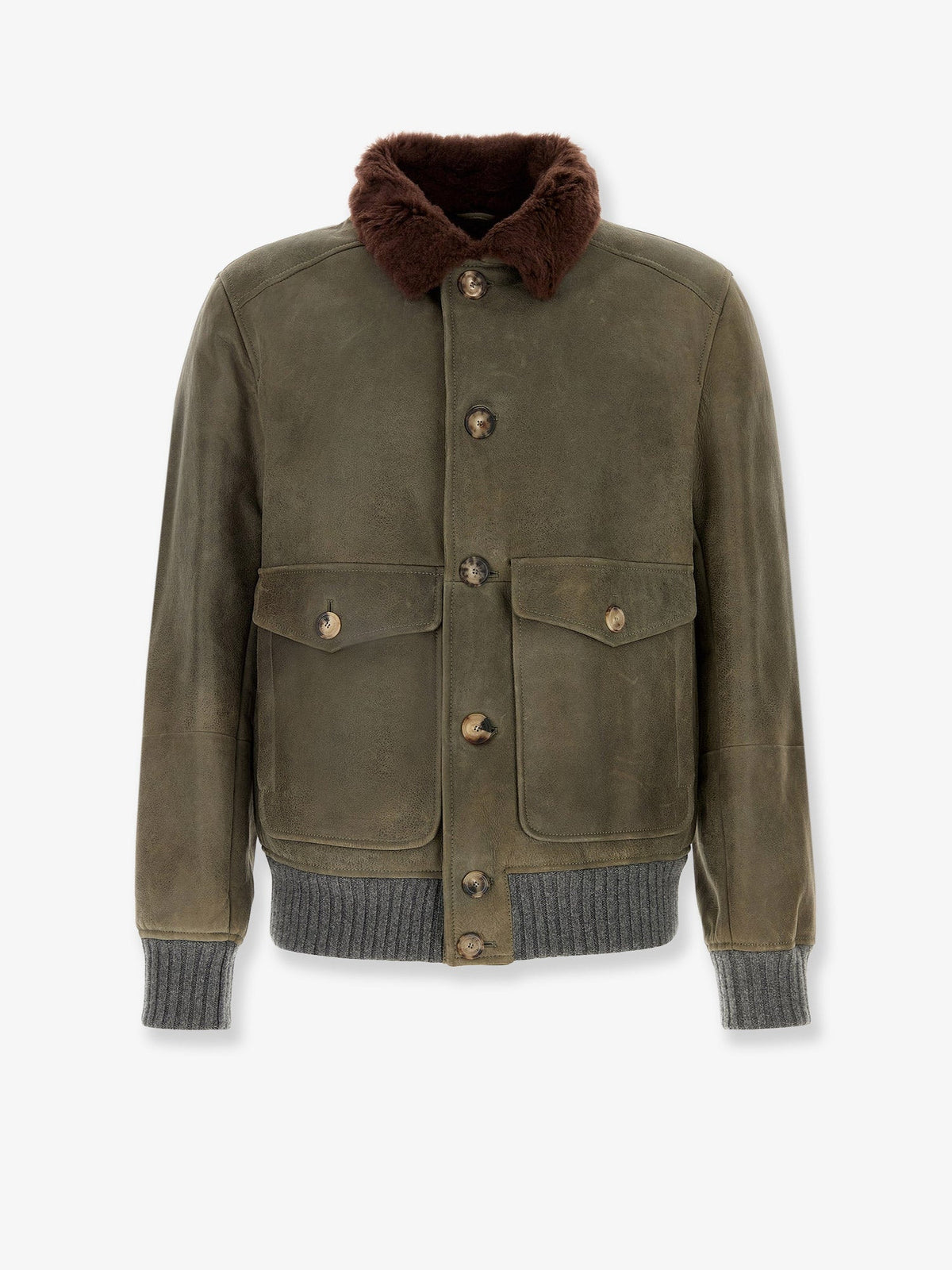 Brunello Cucinelli Waxed shearling bomber jacket with shearling collar - Militarepiombo