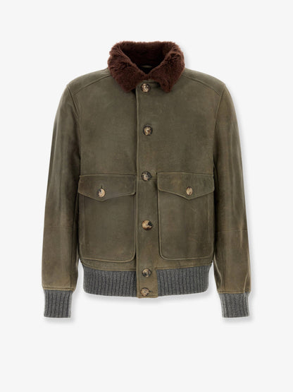 Brunello Cucinelli Waxed shearling bomber jacket with shearling collar - Militarepiombo