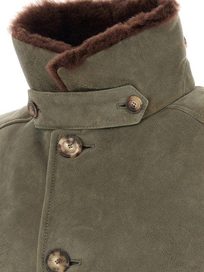 Brunello Cucinelli Waxed shearling bomber jacket with shearling collar - Militarepiombo