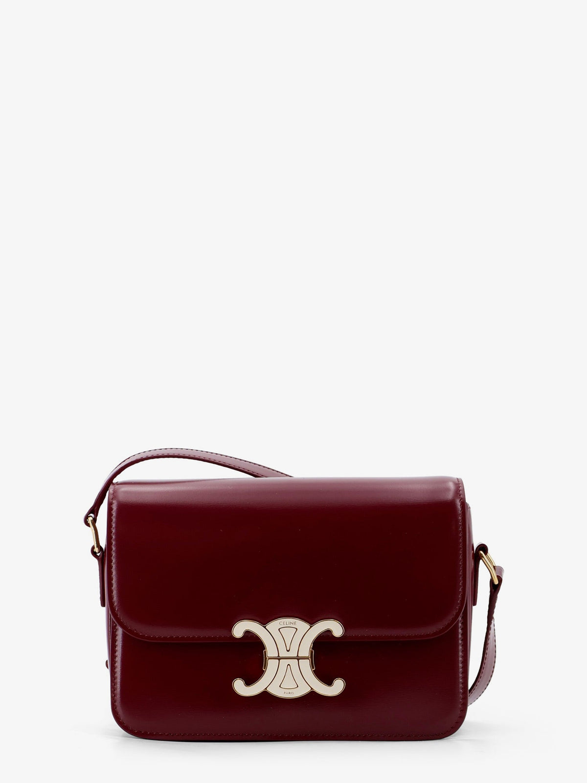 Celine Teen Triomphe leather crossbody bag with enameled Triomphe logo - Syrahwhitecotton