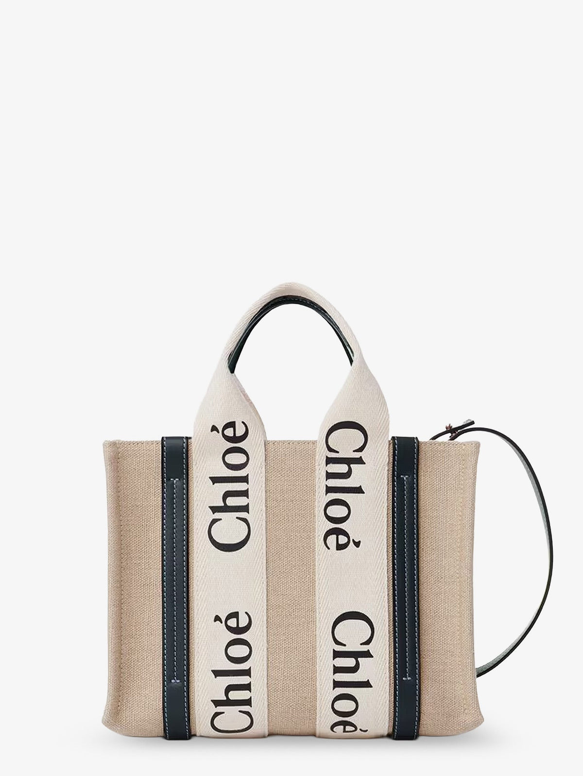 Chloe' Woody linen canvas and leather crossbody bag - White - Blue 1