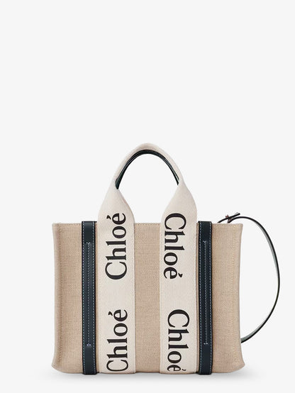 Chloe' Woody linen canvas and leather crossbody bag - White - Blue 1
