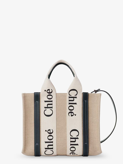 Chloe' Woody linen canvas and leather crossbody bag - White - Blue 1