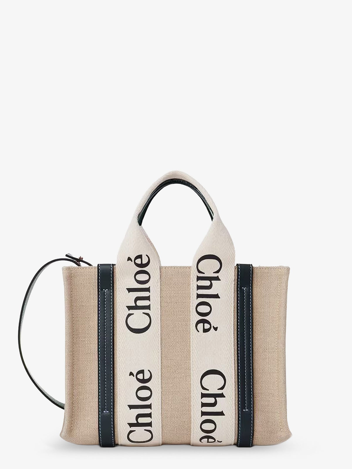 Chloe' Woody linen canvas and leather crossbody bag - White - Blue 1