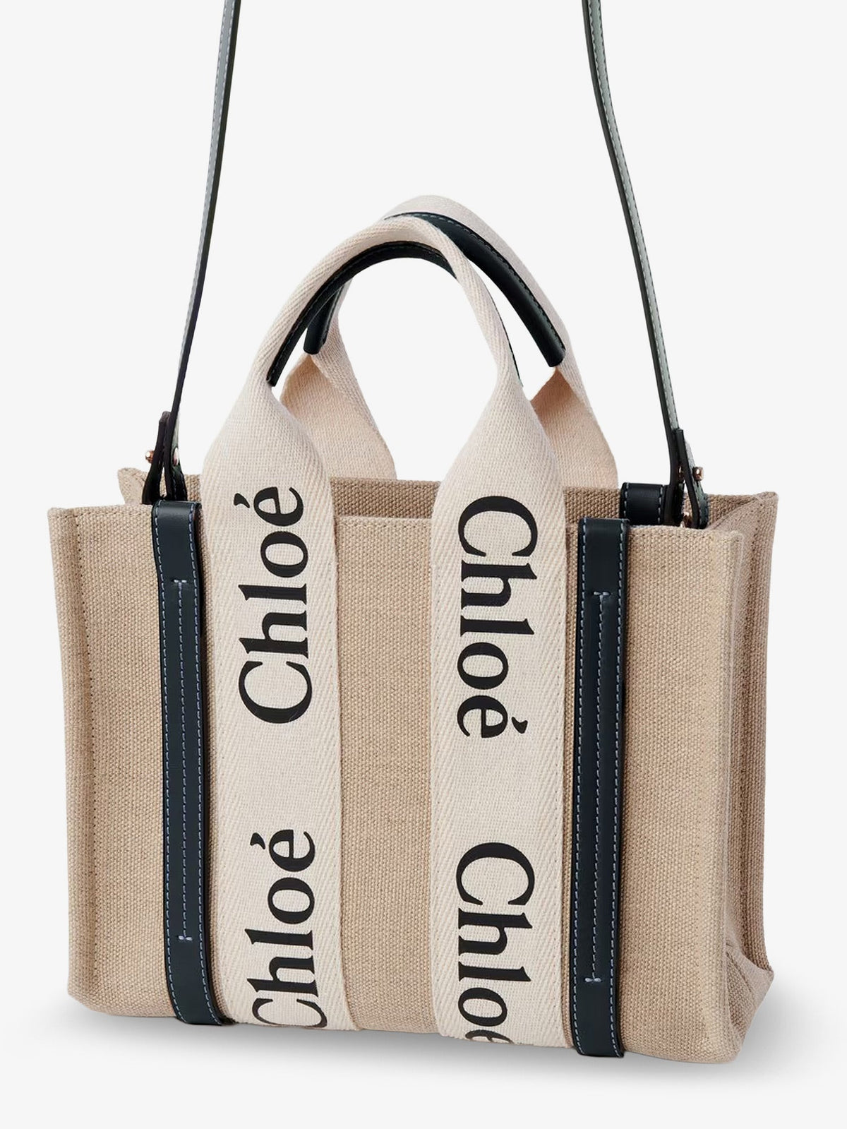 Chloe' Woody linen canvas and leather crossbody bag - White - Blue 1