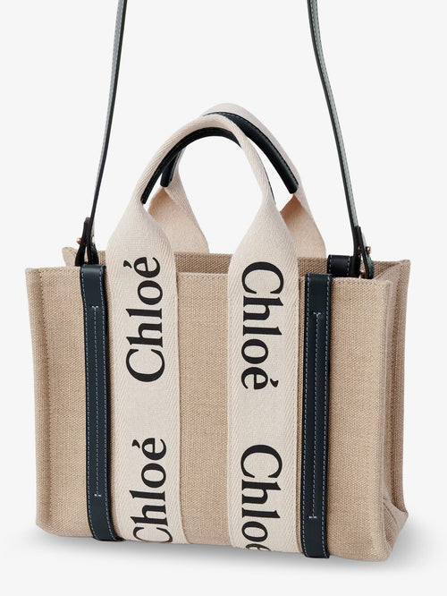 Chloe' Woody linen canvas and leather crossbody bag - White - Blue 1
