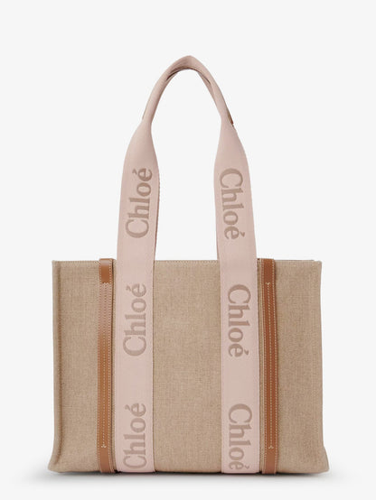 Chloe' Woody linen shoulder bag with front embroidered logo - Blushy Beige
