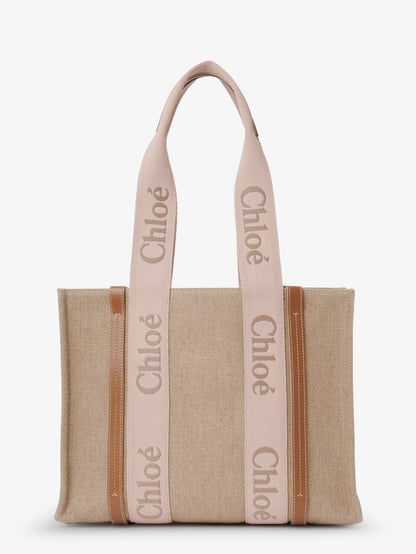 Chloe' Woody linen shoulder bag with front embroidered logo - Blushy Beige