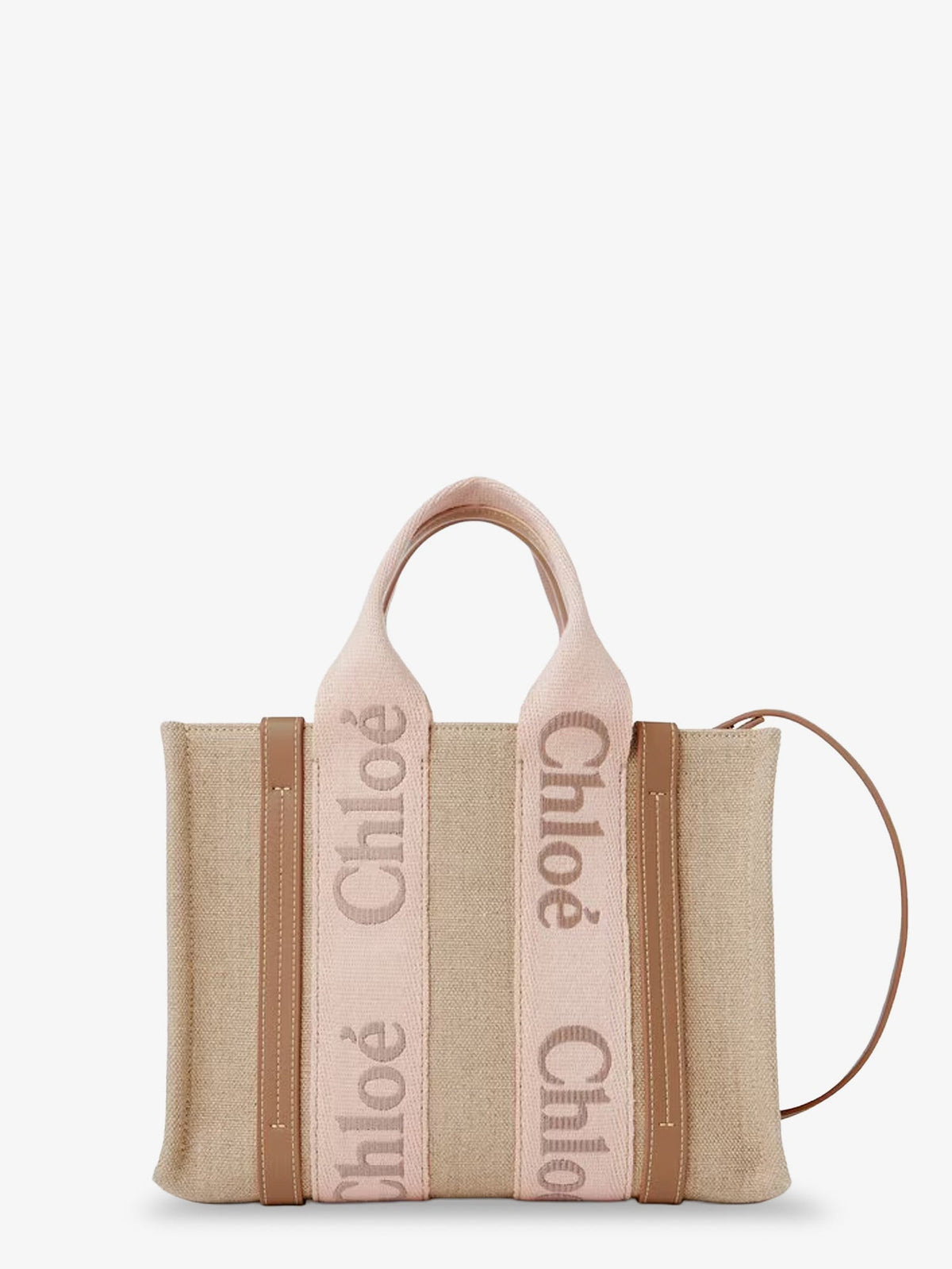 Chloe' Woody linen canvas and leather crossbody bag - Blushy Beige