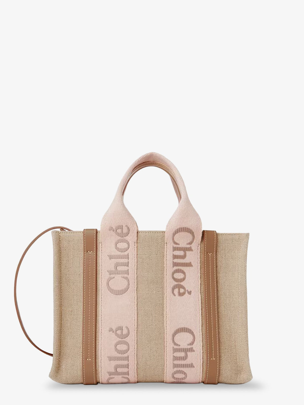 Chloe' Woody linen canvas and leather crossbody bag - Blushy Beige
