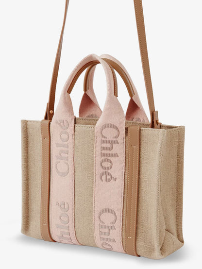 Chloe' Woody linen canvas and leather crossbody bag - Blushy Beige