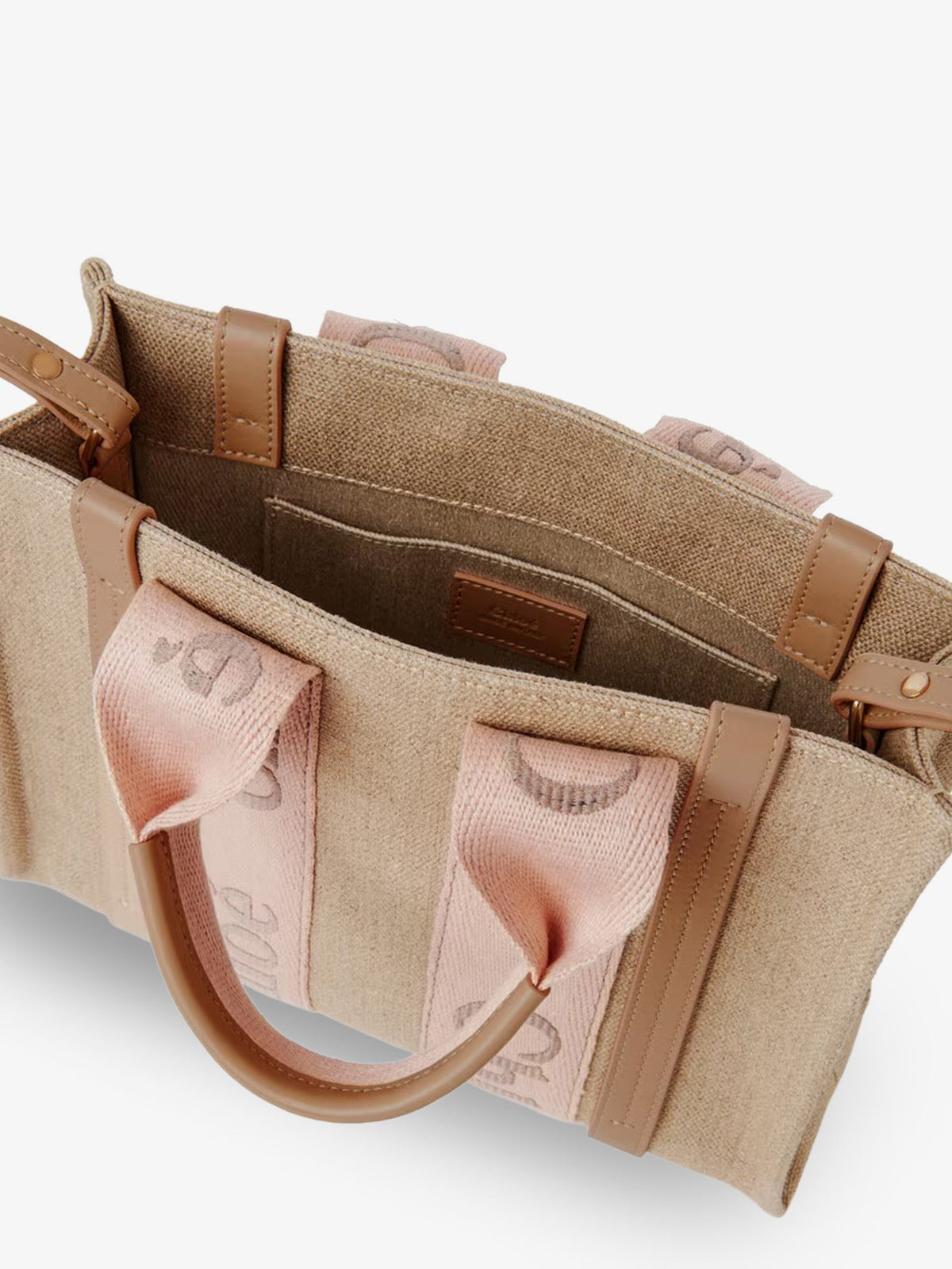 Chloe' Woody linen canvas and leather crossbody bag - Blushy Beige